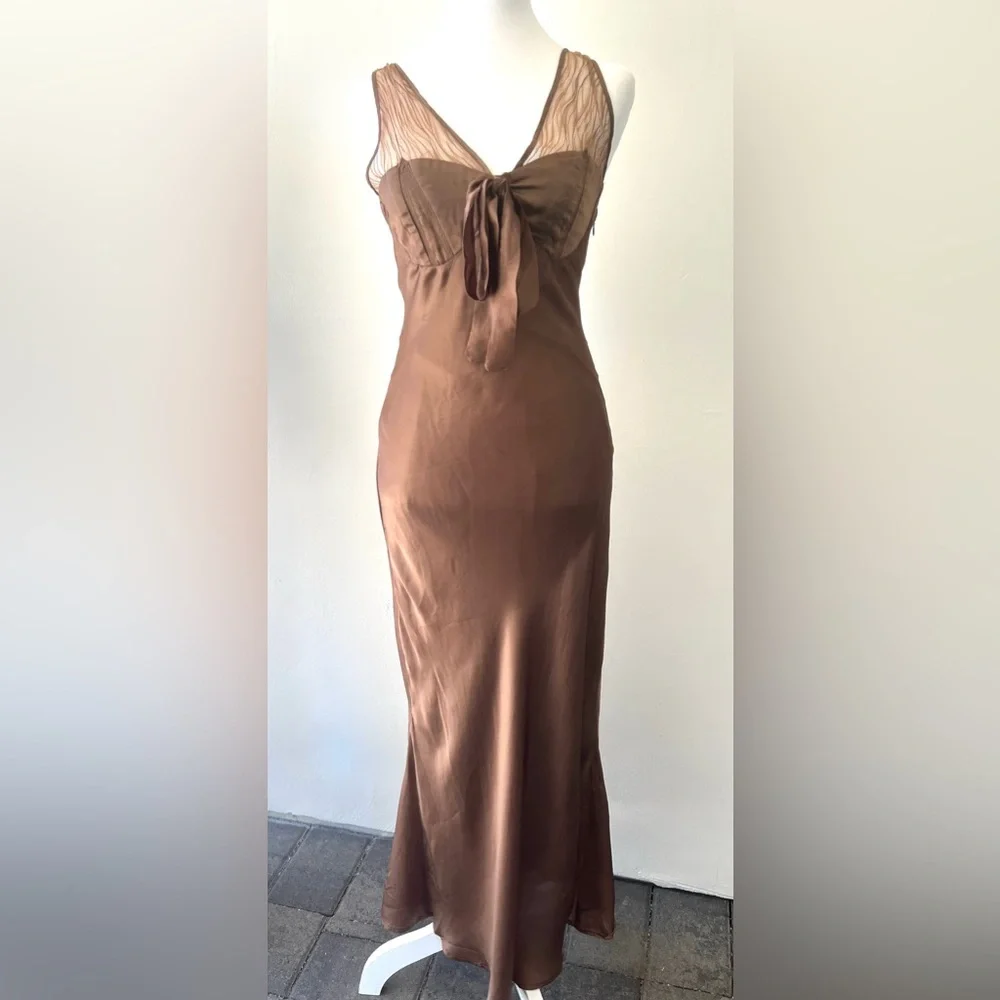 Femme sheer slip midi dress sz S, chocolate brown,  side zip, lined - Picture 5 of 9